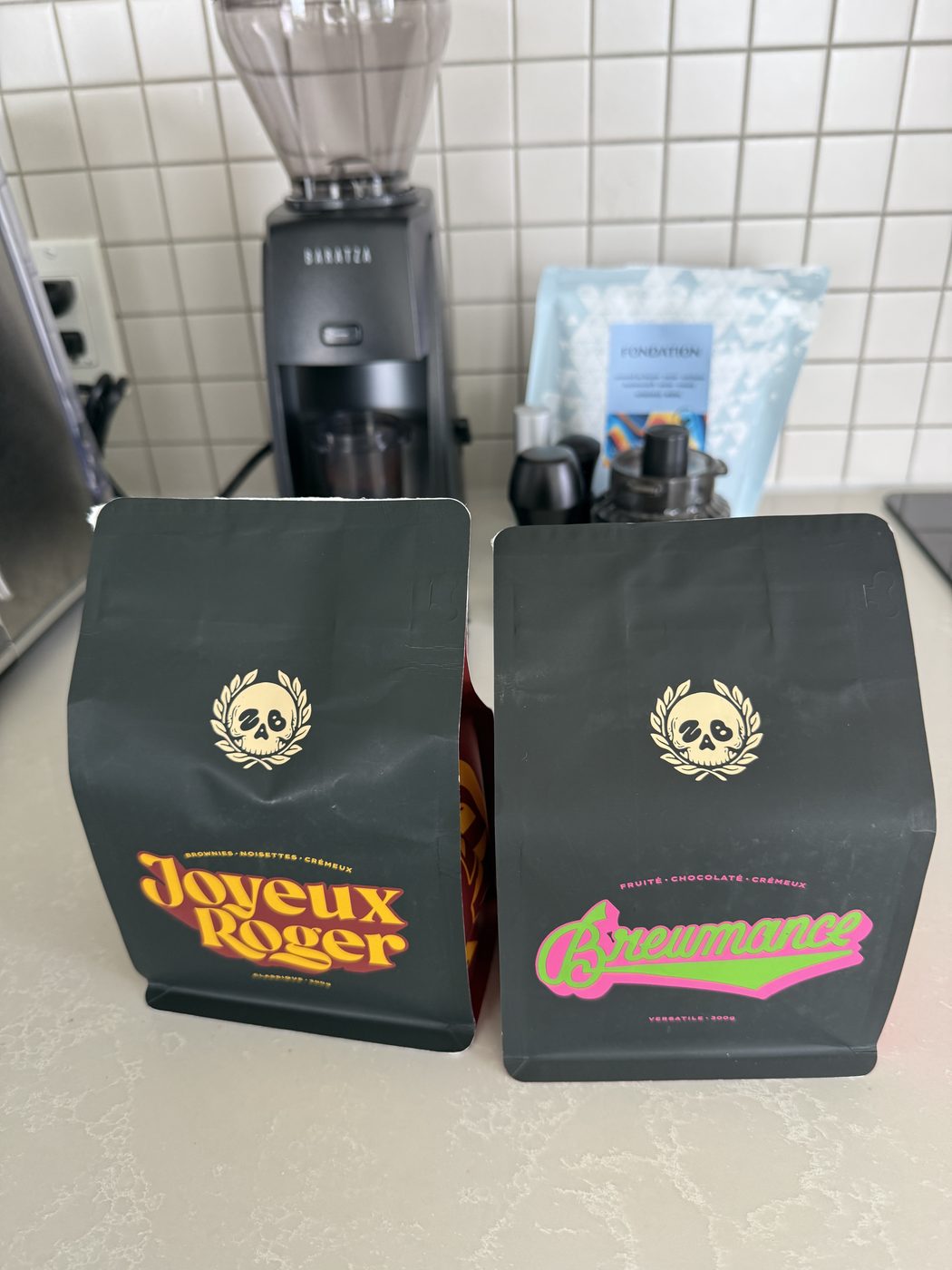 Two Zab Cafe coffee bags, Joyeux Roger and Bromance
