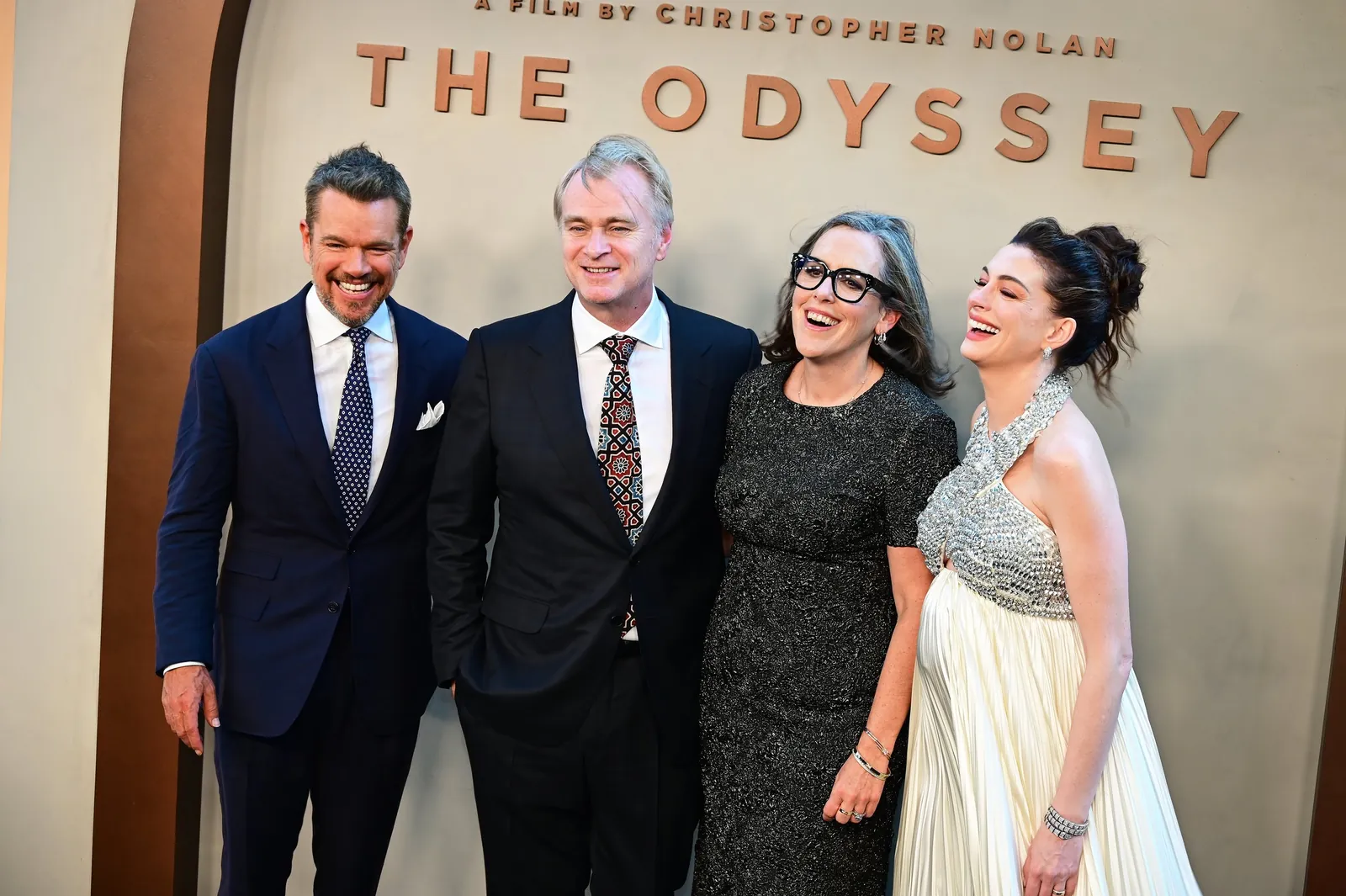 Matt Damon, Nolan, Emma Thomas and Anne Hathaway at the New York premiere of The Odyssey.