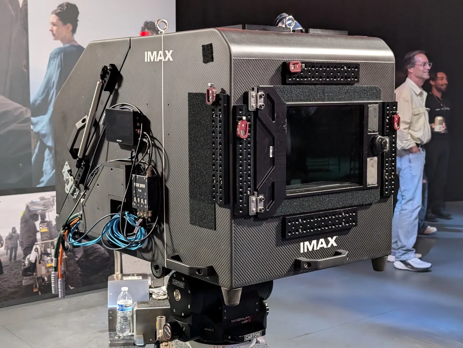 An IMAX 70mm camera inside a soundproof blimp built for The Odyssey.