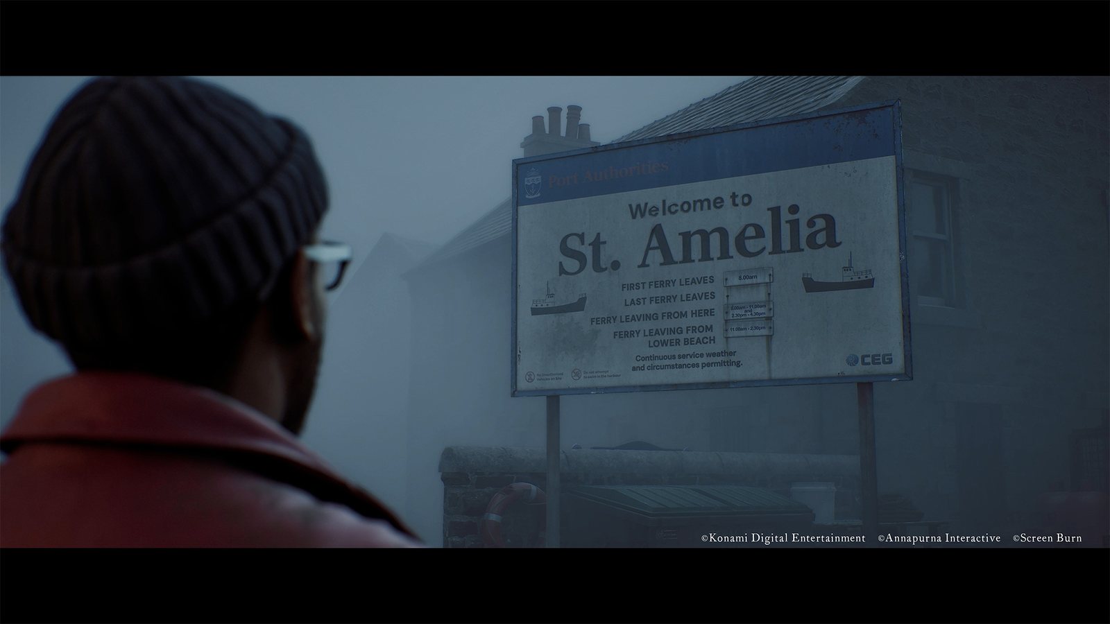 Simon looks at a Welcome to St. Amelia sign in the fog