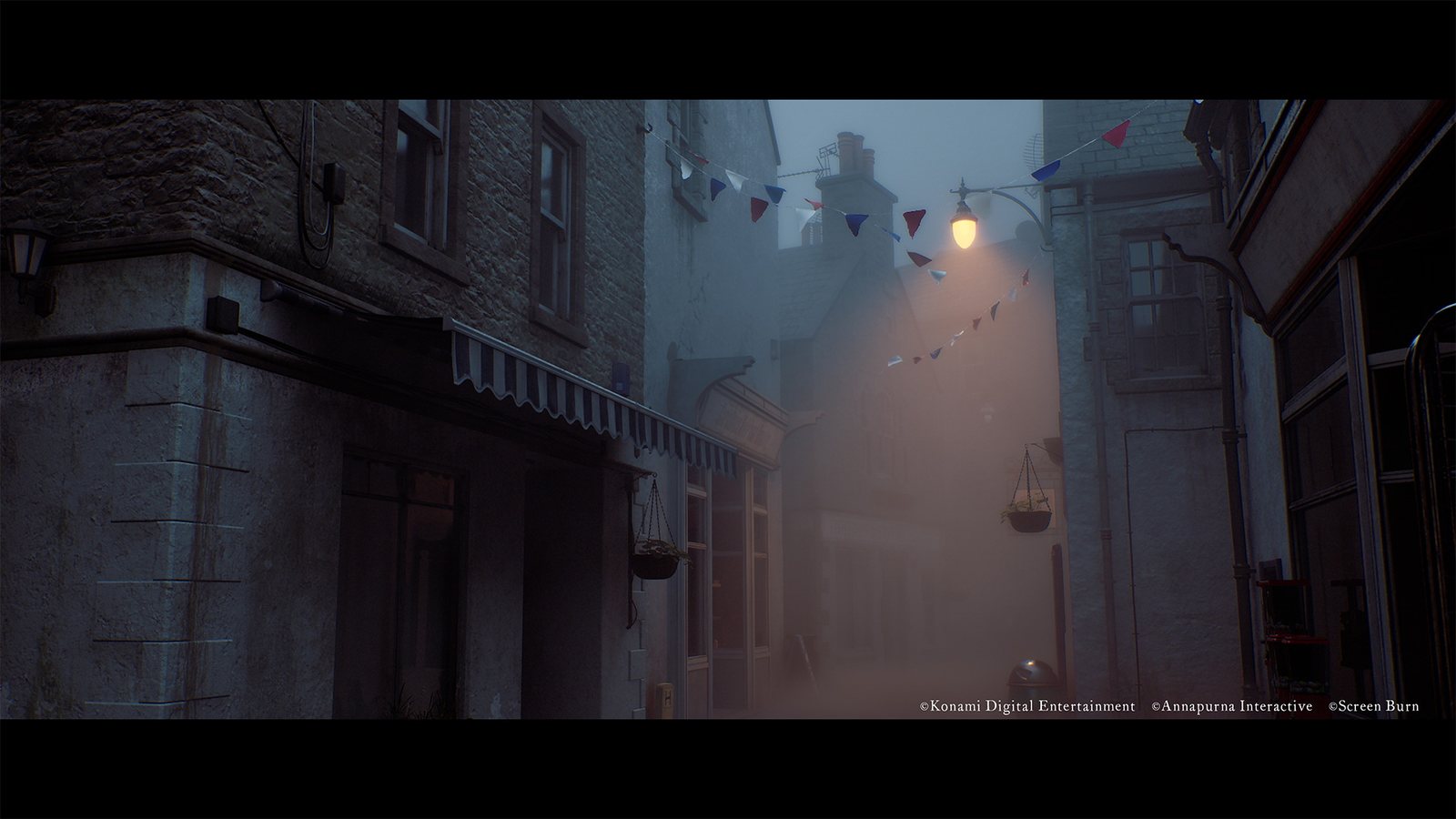 A streetlamp glows through fog above an empty street of stone buildings