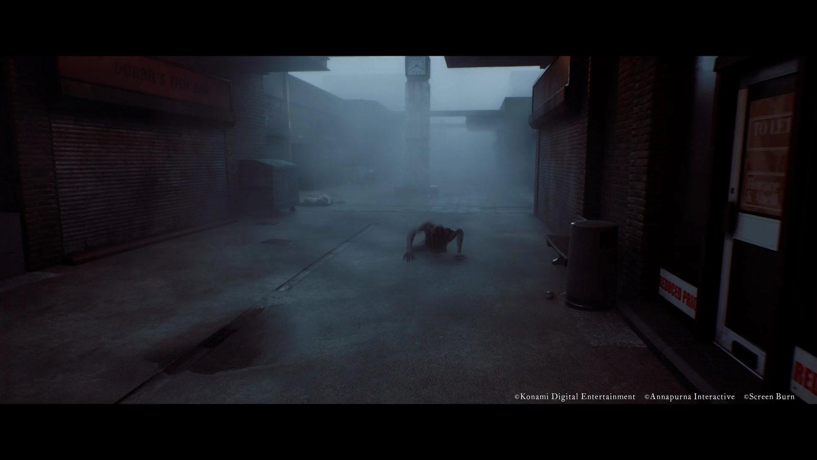 A creature crawls along a foggy shopping street toward the player